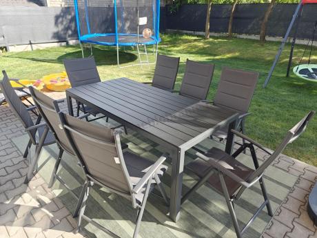 Grafitowe meble aluminiowe - stół 180cm i składane krzesła - Kanbery Antracite 8+1