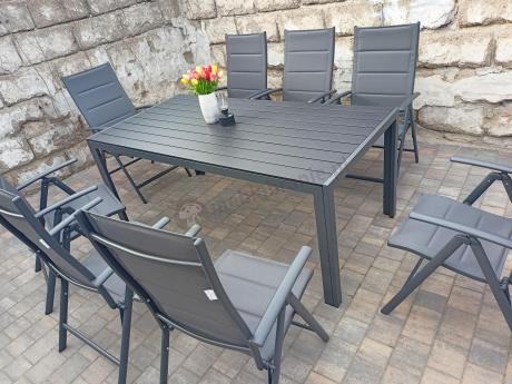 Grafitowe meble aluminiowe - stół 180cm i składane krzesła - Kanbery Antracite 8+1