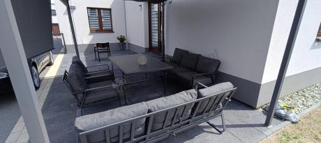 Grafitowe meble metalowe na taras dla 8 osób z 2 sofami Ater Grande - Dark Grey