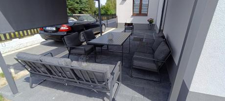 Grafitowe meble metalowe na taras dla 8 osób z 2 sofami Ater Grande - Dark Grey