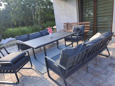 Grafitowe meble metalowe na taras dla 8 osób z 2 sofami Ater Grande - Dark Grey