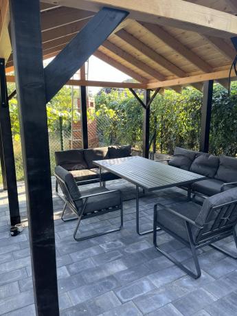 Grafitowe meble metalowe na taras dla 8 osób z 2 sofami Ater Grande - Dark Grey