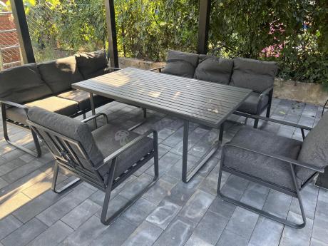 Grafitowe meble metalowe na taras dla 8 osób z 2 sofami Ater Grande - Dark Grey