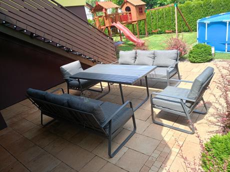 Grafitowe meble metalowe na taras dla 8 osób z 2 sofami Ater Grande - Dark Grey