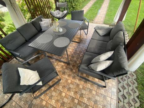 Grafitowe meble metalowe na taras dla 8 osób z 2 sofami Ater Grande - Dark Grey