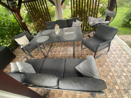 Grafitowe meble metalowe na taras dla 8 osób z 2 sofami Ater Grande - Dark Grey