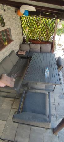Grafitowe meble metalowe na taras dla 8 osób z 2 sofami Ater Grande - Dark Grey
