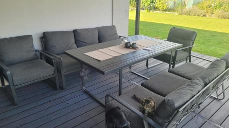 Grafitowe meble metalowe na taras dla 8 osób z 2 sofami Ater Grande - Dark Grey