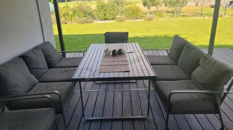 Grafitowe meble metalowe na taras dla 8 osób z 2 sofami Ater Grande - Dark Grey