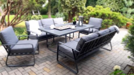 Grafitowe meble metalowe na taras dla 8 osób z 2 sofami Ater Grande - Dark Grey