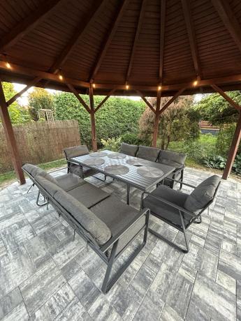 Grafitowe meble metalowe na taras dla 8 osób z 2 sofami Ater Grande - Dark Grey