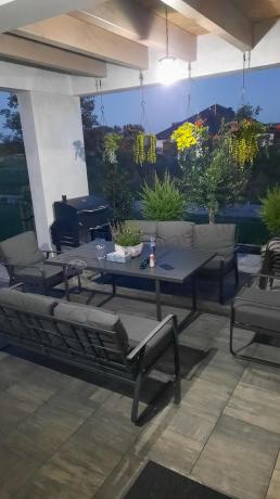 Grafitowe meble metalowe na taras dla 8 osób z 2 sofami Ater Grande - Dark Grey
