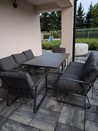 Grafitowe meble metalowe na taras dla 8 osób z 2 sofami Ater Grande - Dark Grey