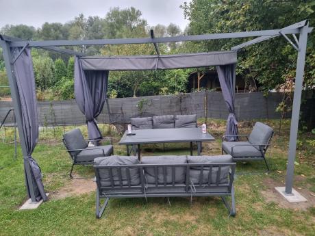 Grafitowe meble metalowe na taras dla 8 osób z 2 sofami Ater Grande - Dark Grey