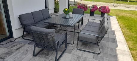 Grafitowe meble metalowe na taras dla 8 osób z 2 sofami Ater Grande - Dark Grey