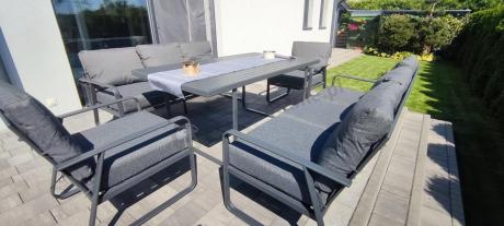 Grafitowe meble metalowe na taras dla 8 osób z 2 sofami Ater Grande - Dark Grey