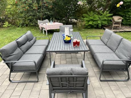Grafitowe meble metalowe na taras dla 8 osób z 2 sofami Ater Grande - Dark Grey
