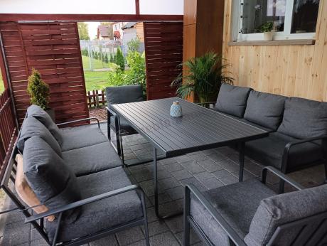 Grafitowe meble metalowe na taras dla 8 osób z 2 sofami Ater Grande - Dark Grey