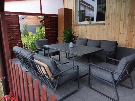 Grafitowe meble metalowe na taras dla 8 osób z 2 sofami Ater Grande - Dark Grey