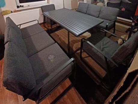 Grafitowe meble metalowe na taras dla 8 osób z 2 sofami Ater Grande - Dark Grey