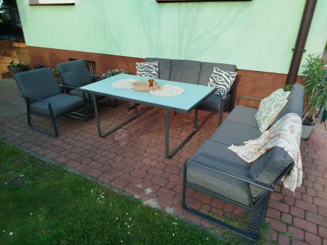Grafitowe meble metalowe na taras dla 8 osób z 2 sofami Ater Grande - Dark Grey