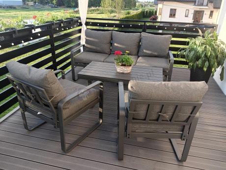 Grafitowe meble metalowe na taras z sofą i fotelami - Panaon Dining DG