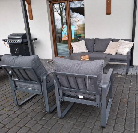Grafitowe meble metalowe na taras z sofą i fotelami - Panaon Dining DG