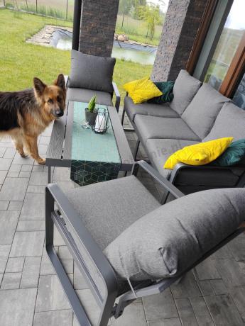 Grafitowe meble metalowe na taras z sofą i fotelami - Panaon Dining DG