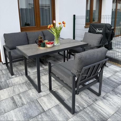 Grafitowe meble na taras dla 5 osób ze stolikiem ze szklanym blatem- Panaon Dining Elite DG