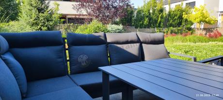 Grafitowe meble ogrodowe - narożnik modułowy, regulowane fotele i pufy - Renalo Corner XL