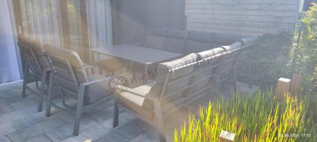 Grafitowe meble ogrodowe - narożnik modułowy, regulowane fotele i pufy - Renalo Corner XL