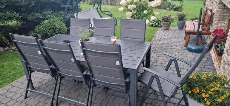 Grafitowe meble ogrodowe aluminiowe - stół 180cm i składane krzesła - Kanbery Antracite 8+1