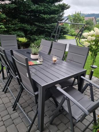 Grafitowe meble ogrodowe aluminiowe - stół 180cm i składane krzesła - Kanbery Antracite 8+1