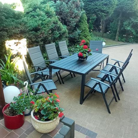 Grafitowe meble ogrodowe aluminiowe - stół 180cm i składane krzesła - Kanbery Antracite 8+1