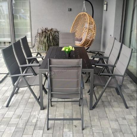 Grafitowe meble ogrodowe aluminiowe - stół 180cm i składane krzesła - Kanbery Antracite 8+1
