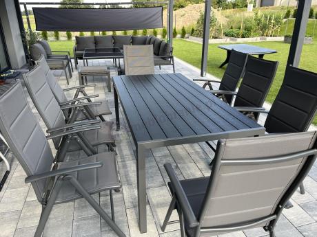 Grafitowe meble ogrodowe aluminiowe - stół 180cm i składane krzesła - Kanbery Antracite 8+1