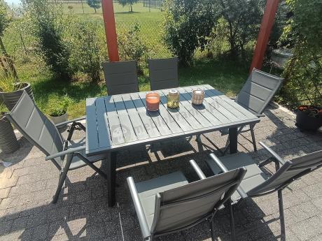 Grafitowe meble ogrodowe Kantara ze stołem rozkładanym 160-240 cm i 10 krzesłami