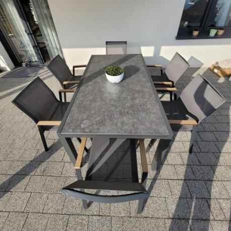 Grafitowe meble ogrodowe z rozkładanym stołem 240 ze szklanym blatem + 8 krzeseł Marla