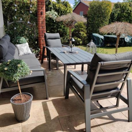 Grafitowe meble ogrodowe z wysokim stołem, sofą 202cm i regulowanymi fotelami - Renalo Dining Relax