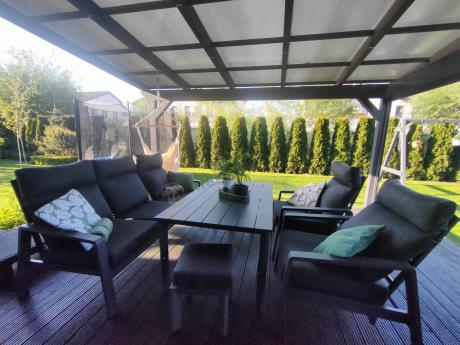 Grafitowe meble ogrodowe z wysokim stołem, sofą 202cm i regulowanymi fotelami - Renalo Dining Relax