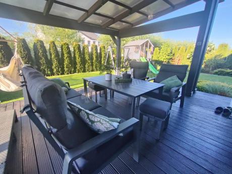 Grafitowe meble ogrodowe z wysokim stołem, sofą 202cm i regulowanymi fotelami - Renalo Dining Relax