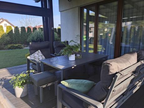 Grafitowe meble ogrodowe z wysokim stołem, sofą 202cm i regulowanymi fotelami - Renalo Dining Relax