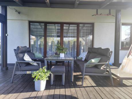 Grafitowe meble ogrodowe z wysokim stołem, sofą 202cm i regulowanymi fotelami - Renalo Dining Relax