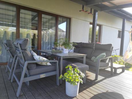 Grafitowe meble ogrodowe z wysokim stołem, sofą 202cm i regulowanymi fotelami - Renalo Dining Relax