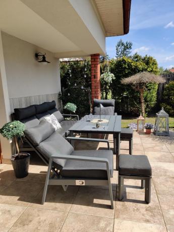 Grafitowe meble ogrodowe z wysokim stołem, sofą 202cm i regulowanymi fotelami - Renalo Dining Relax