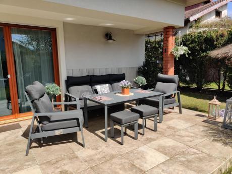 Grafitowe meble ogrodowe z wysokim stołem, sofą 202cm i regulowanymi fotelami - Renalo Dining Relax