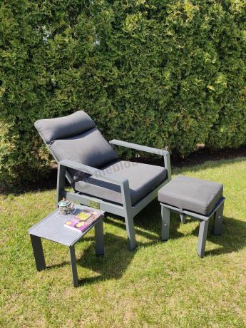 Grafitowe meble ogrodowe z wysokim stołem, sofą 202cm i regulowanymi fotelami - Renalo Dining Relax