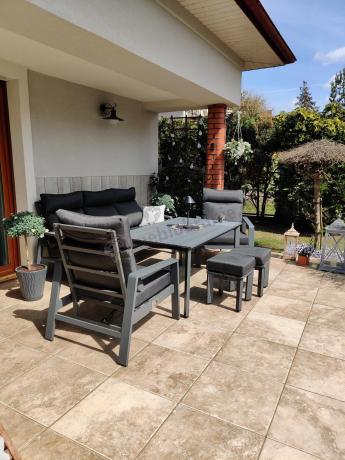 Grafitowe meble ogrodowe z wysokim stołem, sofą 202cm i regulowanymi fotelami - Renalo Dining Relax