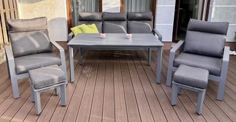 Grafitowe meble ogrodowe z wysokim stołem, sofą 202cm i regulowanymi fotelami - Renalo Dining Relax