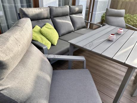 Grafitowe meble ogrodowe z wysokim stołem, sofą 202cm i regulowanymi fotelami - Renalo Dining Relax